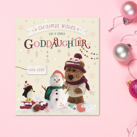 Goddaughter Christmas Card - Barley Bear & Snowman