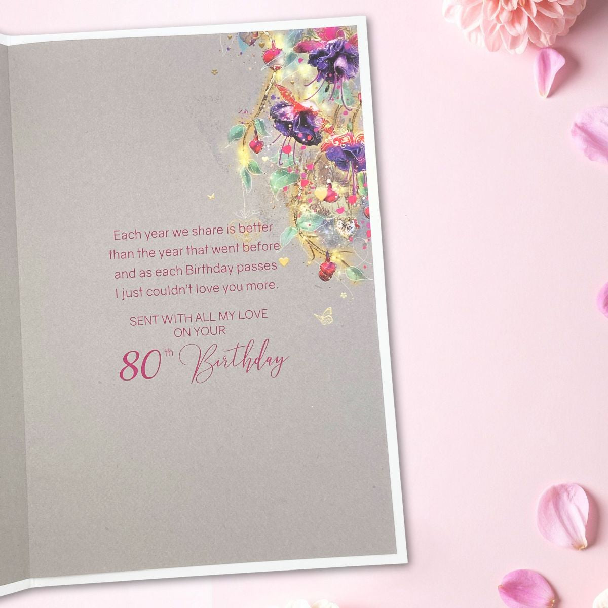 Wife 80th Birthday Card - Grace Flowers & Butterflies