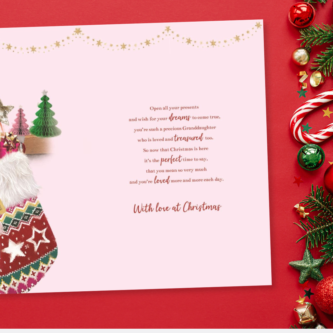 Granddaughter Christmas Card - Essence Stocking & Teddy