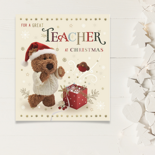 Teacher Christmas Card - Barley Bear & Gift