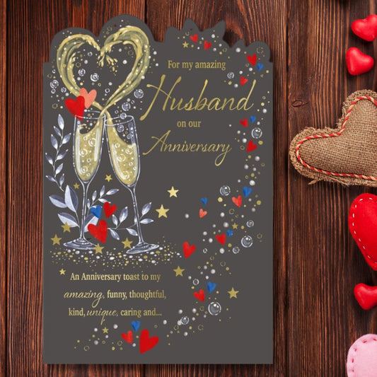 Husband Anniversary Card - Large Luxury Heart Flutes