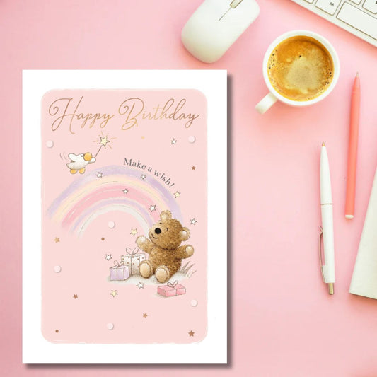 Barley Bear Birthday Card - Make A Wish Rainbow