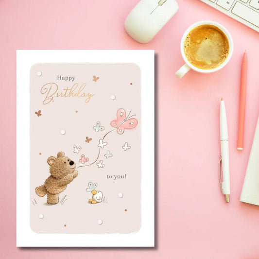 Barley Bear Birthday Card - Chasing Butterflies