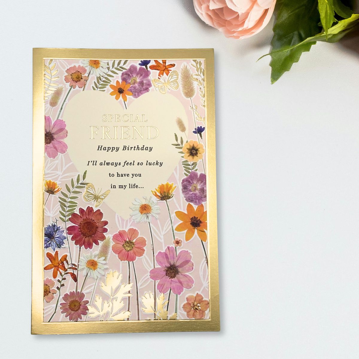 Friend Birthday Card - Floral Border With Butterflies