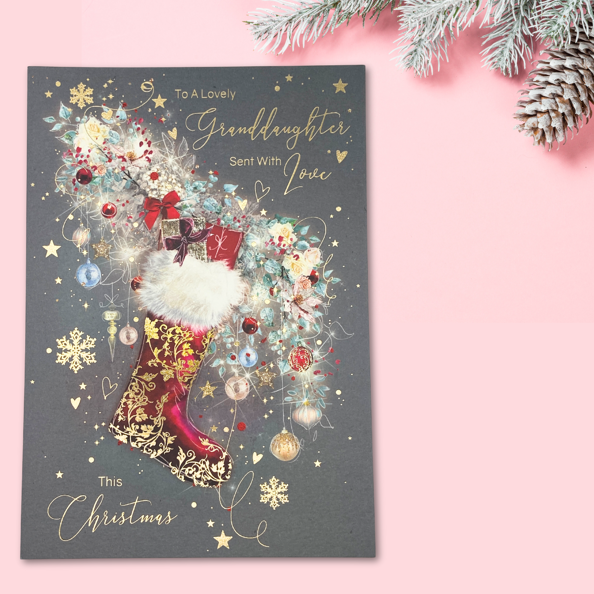 Granddaughter Christmas Card - Grace Stocking & Baubles