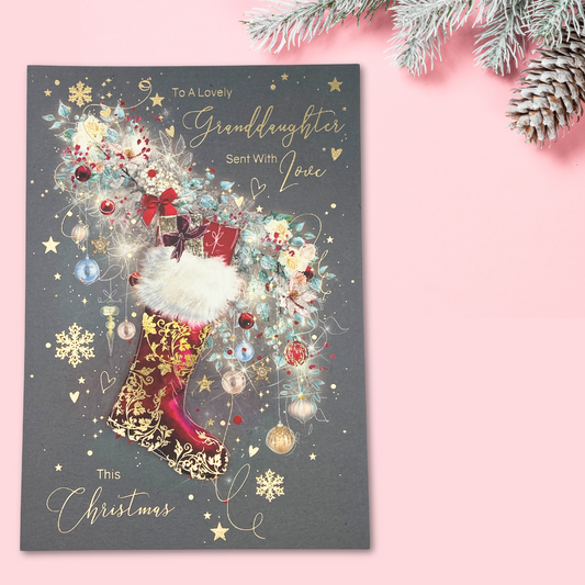 Granddaughter Christmas Card - Grace Stocking & Baubles