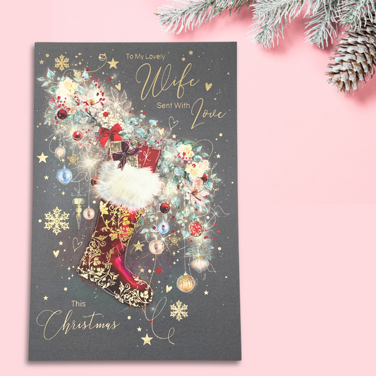 Wife Large Christmas Card - Grace Stocking & Baubles