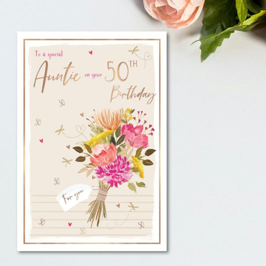 Auntie 50th Birthday Card - Skylight Floral Hand Tied Bouquet
