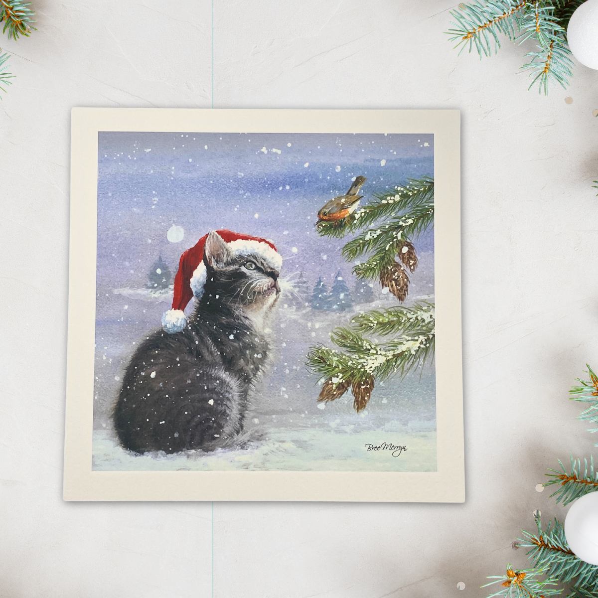 Open Christmas Card - Bree Merryn Cat & Robin