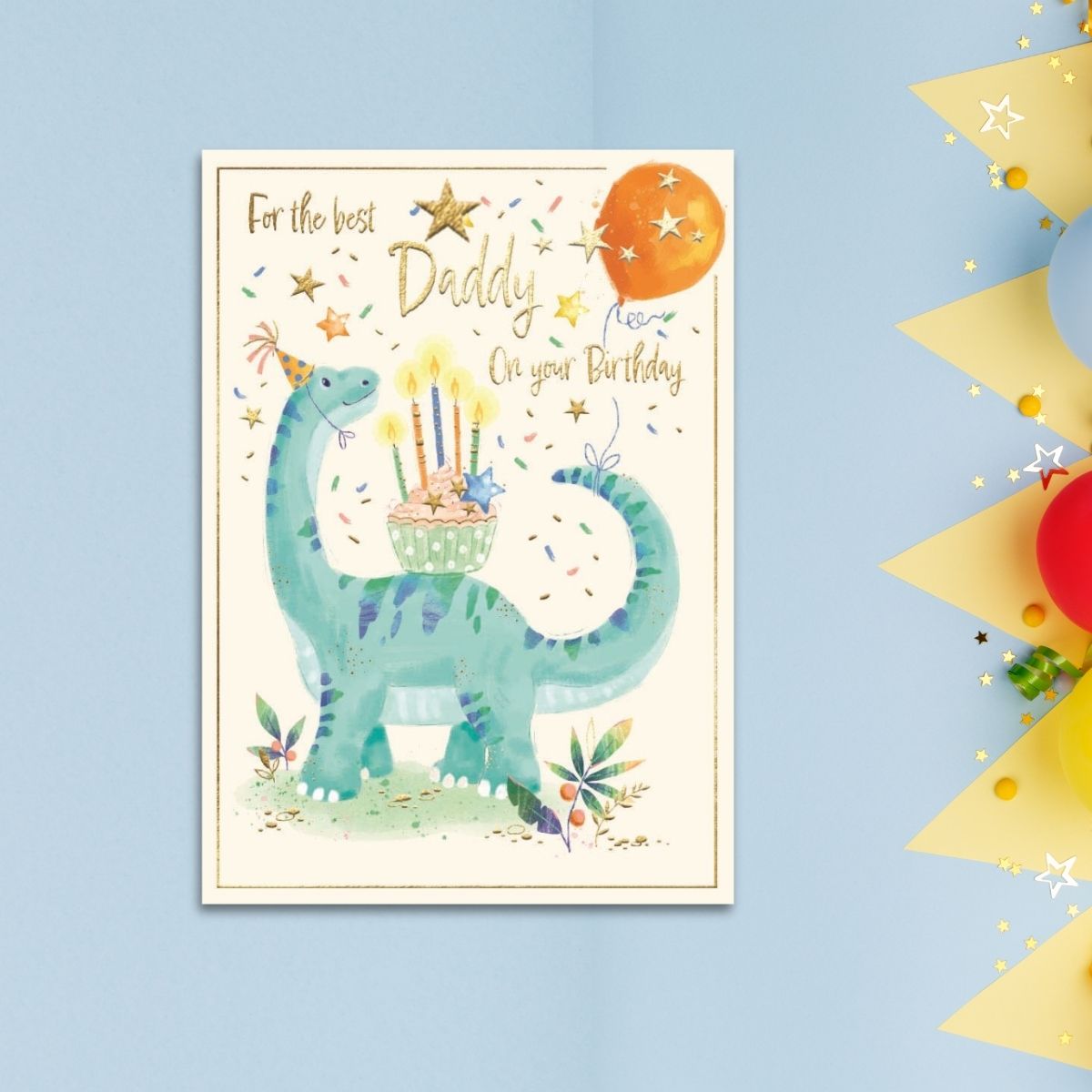 Daddy Birthday Card - Dinosaur, Cake & Balloon