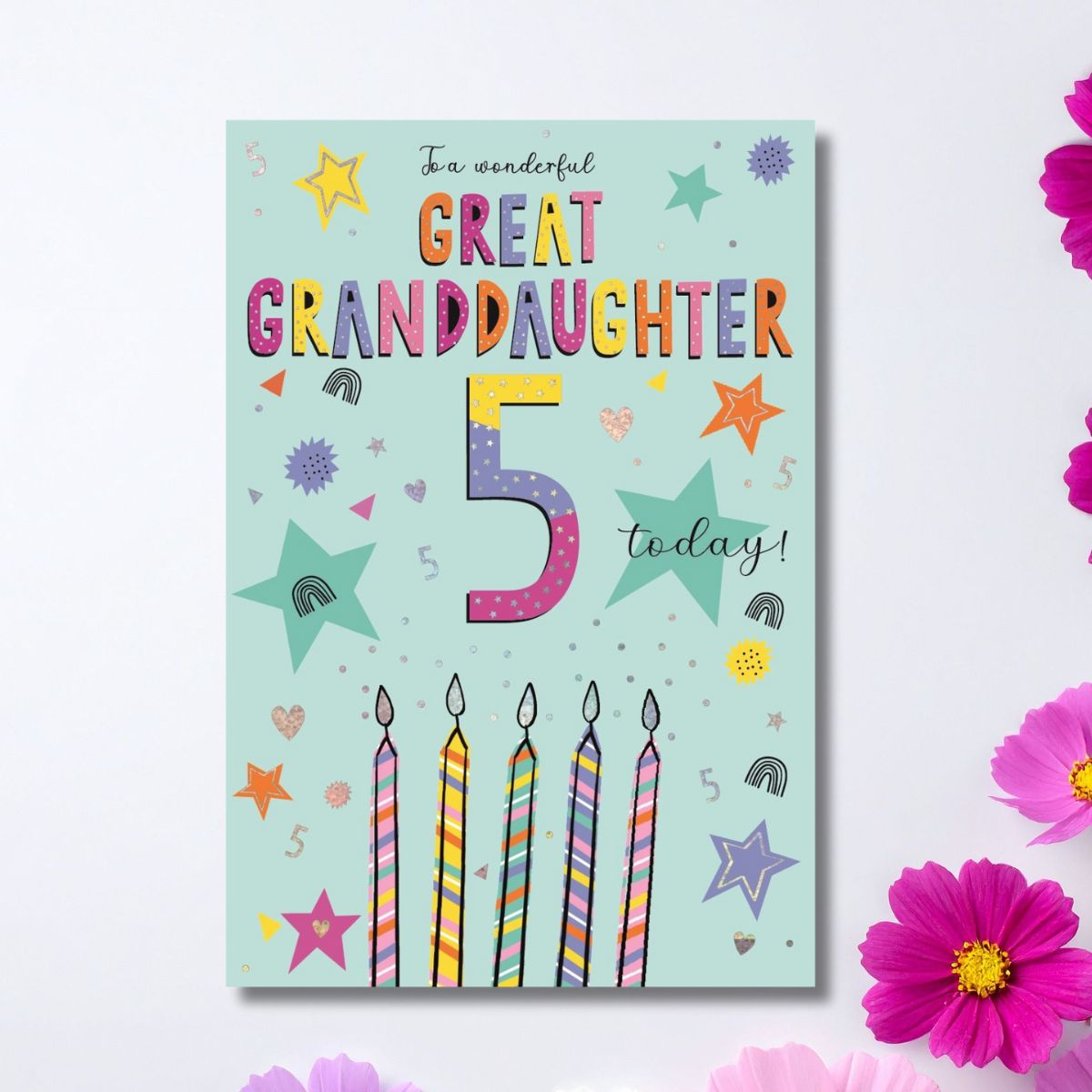 Great Granddaughter 5th Birthday Card - Candles & Stars