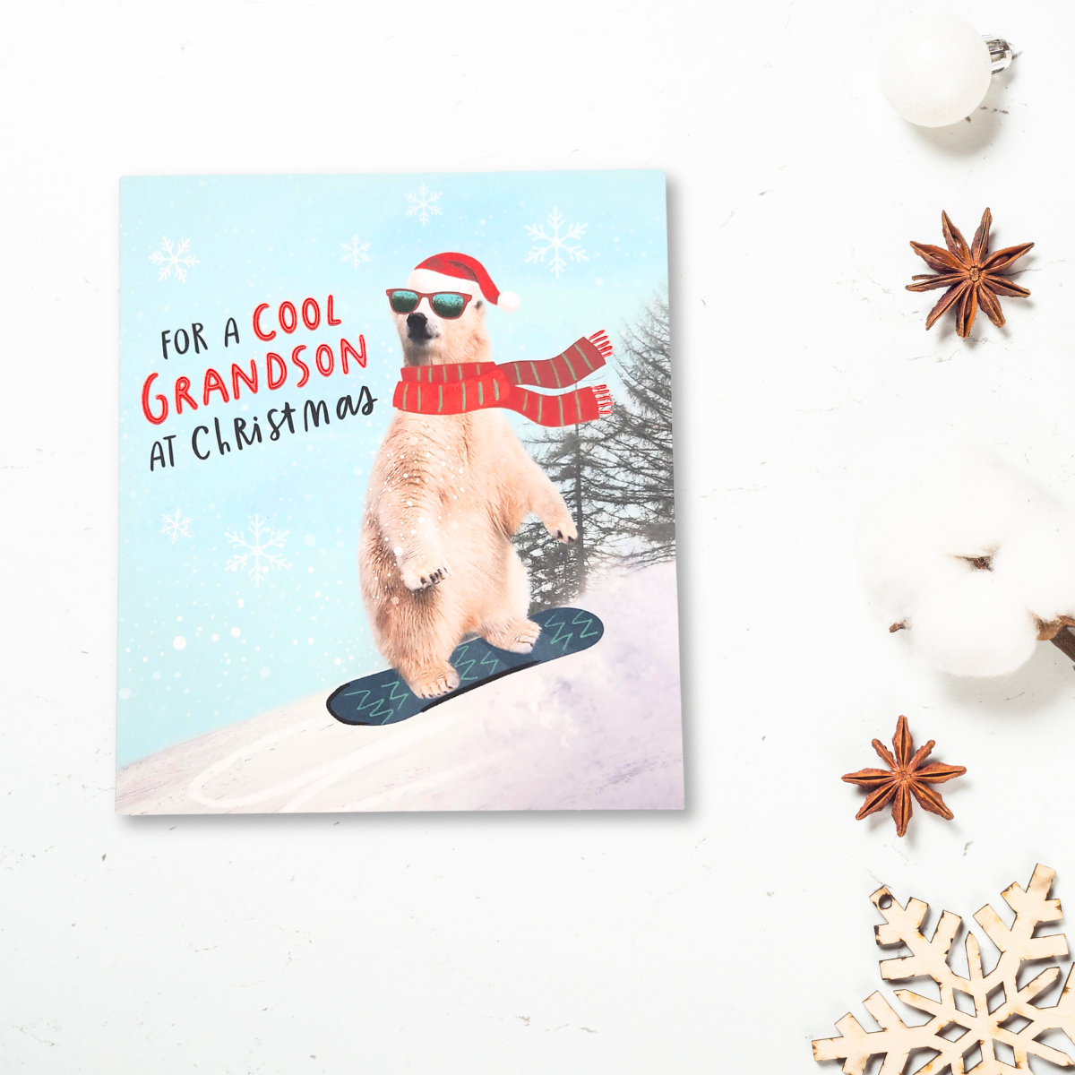 Grandson Christmas Card - Snowboarding Polar Bear