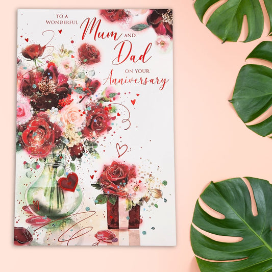 Mum & Dad Anniversary Card - Red Roses & Gift