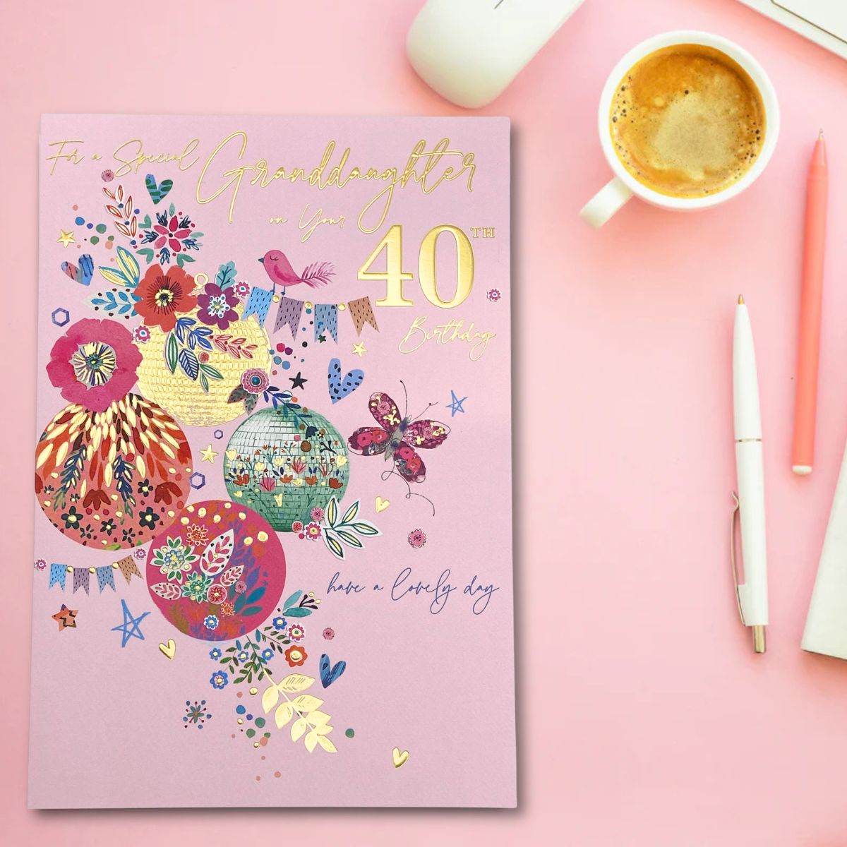 Granddaughter 40th Birthday Card - Butterfly & Balloons