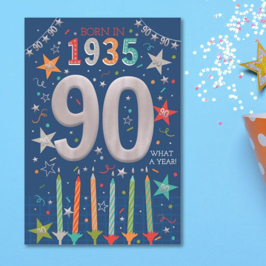 90th Birthday Card - Born In 1935 What A Year! Blue