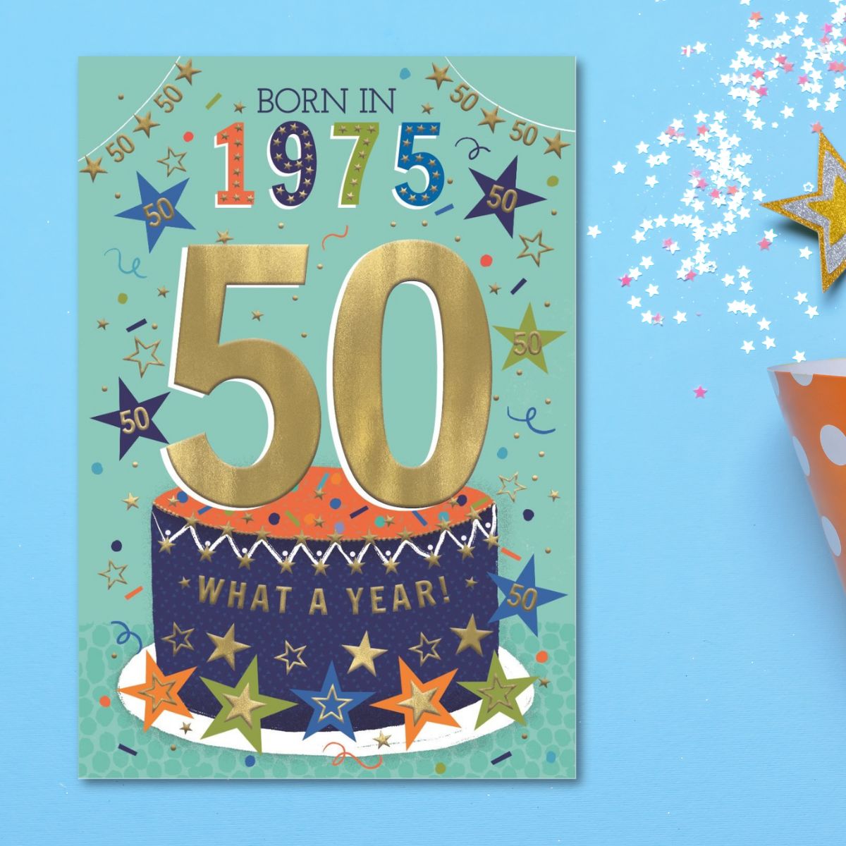 50th Birthday Card - Born In 1975 What A Year! Blue