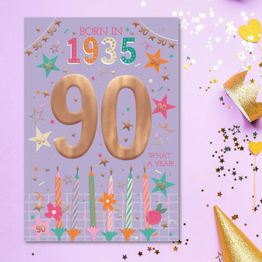 90th Birthday Card - Born In 1935 What A Year! Lilac