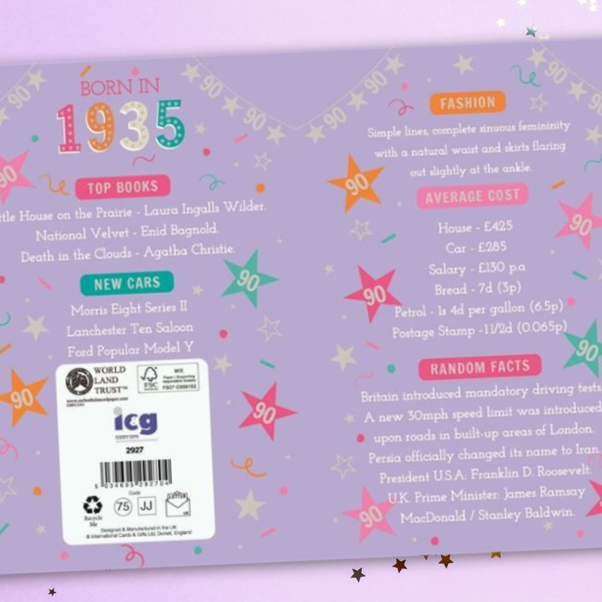 90th Birthday Card - Born In 1935 What A Year! Lilac