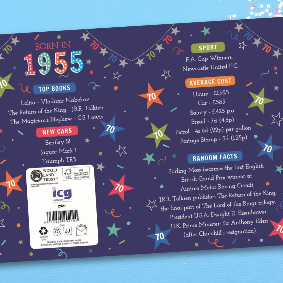 70th Birthday Card - Born In 1955 A Year To Remember! Blue