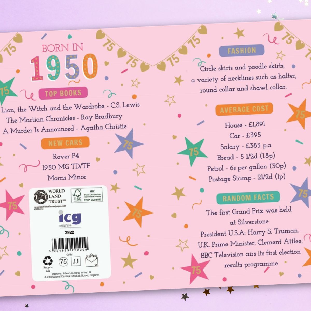 75th Birthday Card - Born In 1950 What A Year! Pink – The Celebration Store