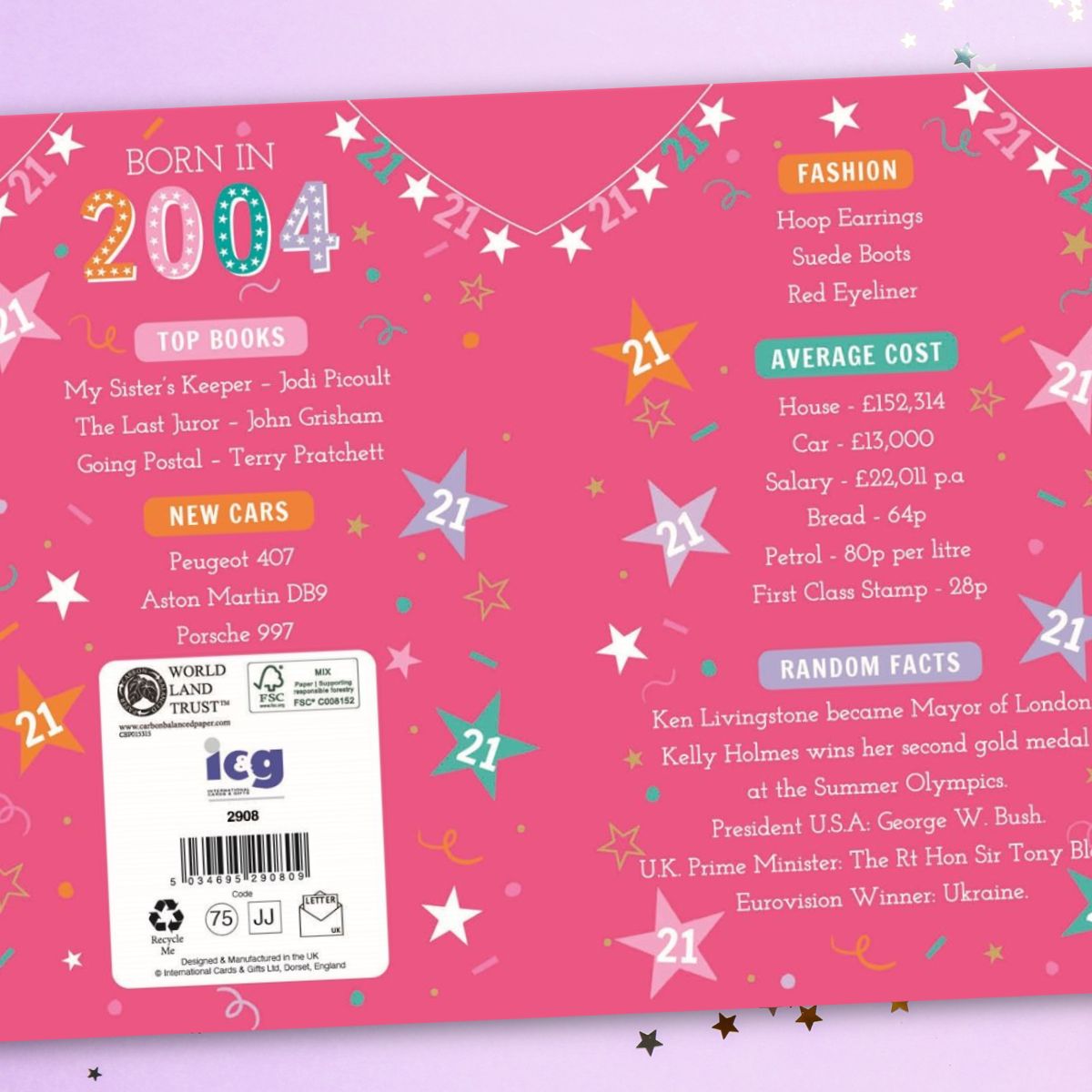 21st Birthday Card - Born In 2004 A Year To Remember! Pink