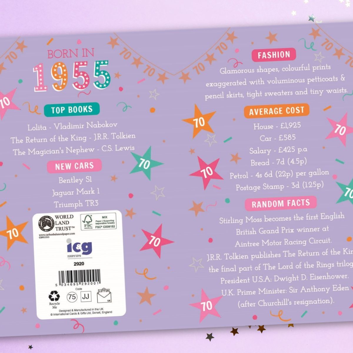 70th Birthday Card - Born In 1955 A Year To Remember Lilac