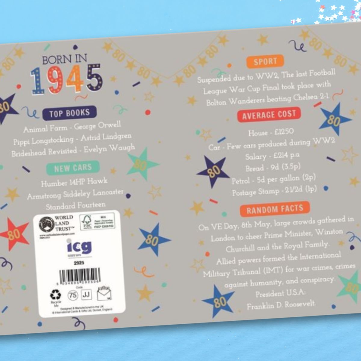 80th Birthday Card - Born In 1945 A Year To Remember! Silver