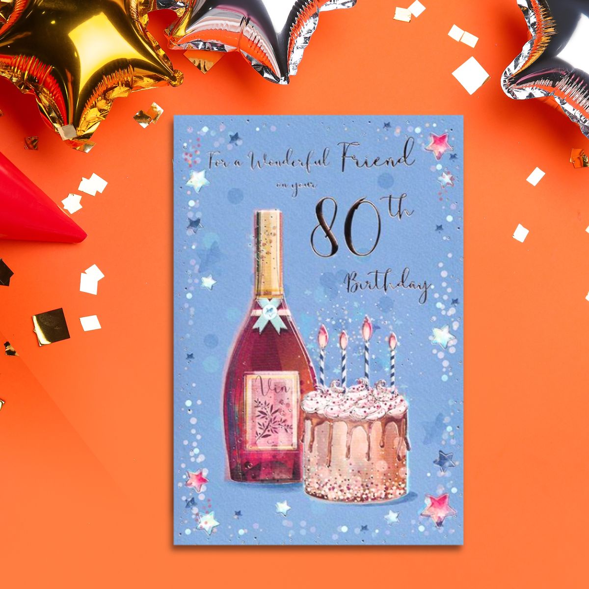 Friend 80th Birthday Card - Wine & Cake