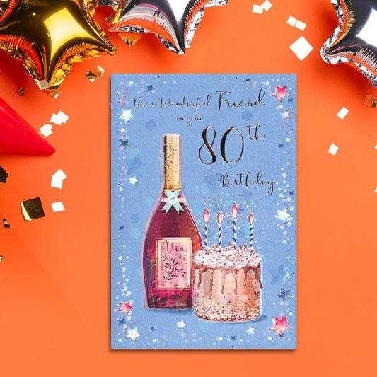 Friend 80th Birthday Card - Wine & Cake