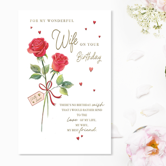 Wife Birthday Card - Red Roses Birthday Wish