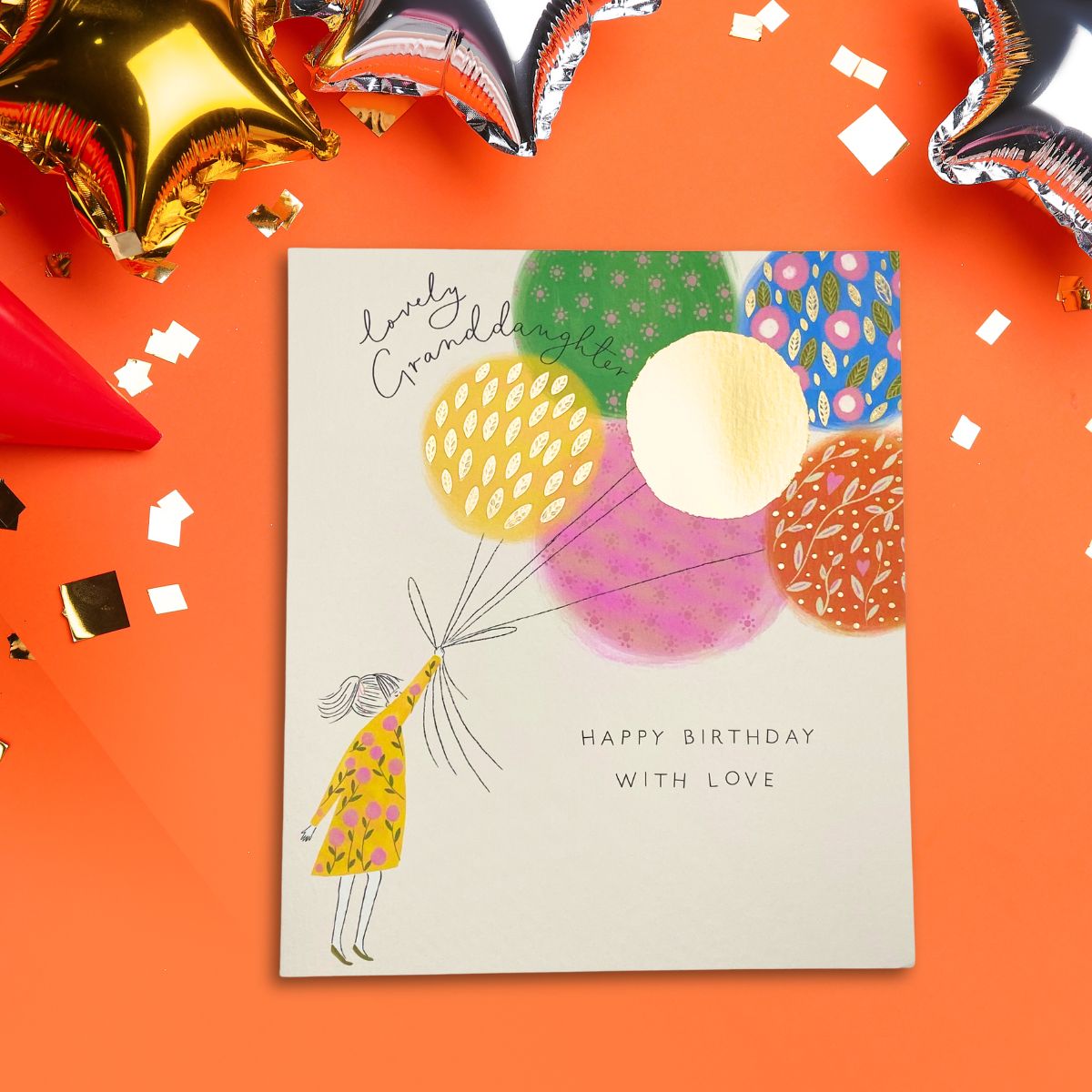 Granddaughter Birthday Card - Girl Holding Balloons