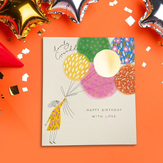 Granddaughter Birthday Card - Girl Holding Balloons