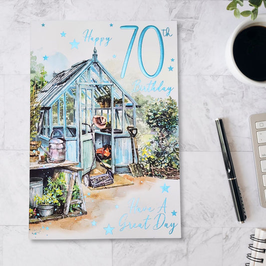 70th Birthday Card - Garden Shed