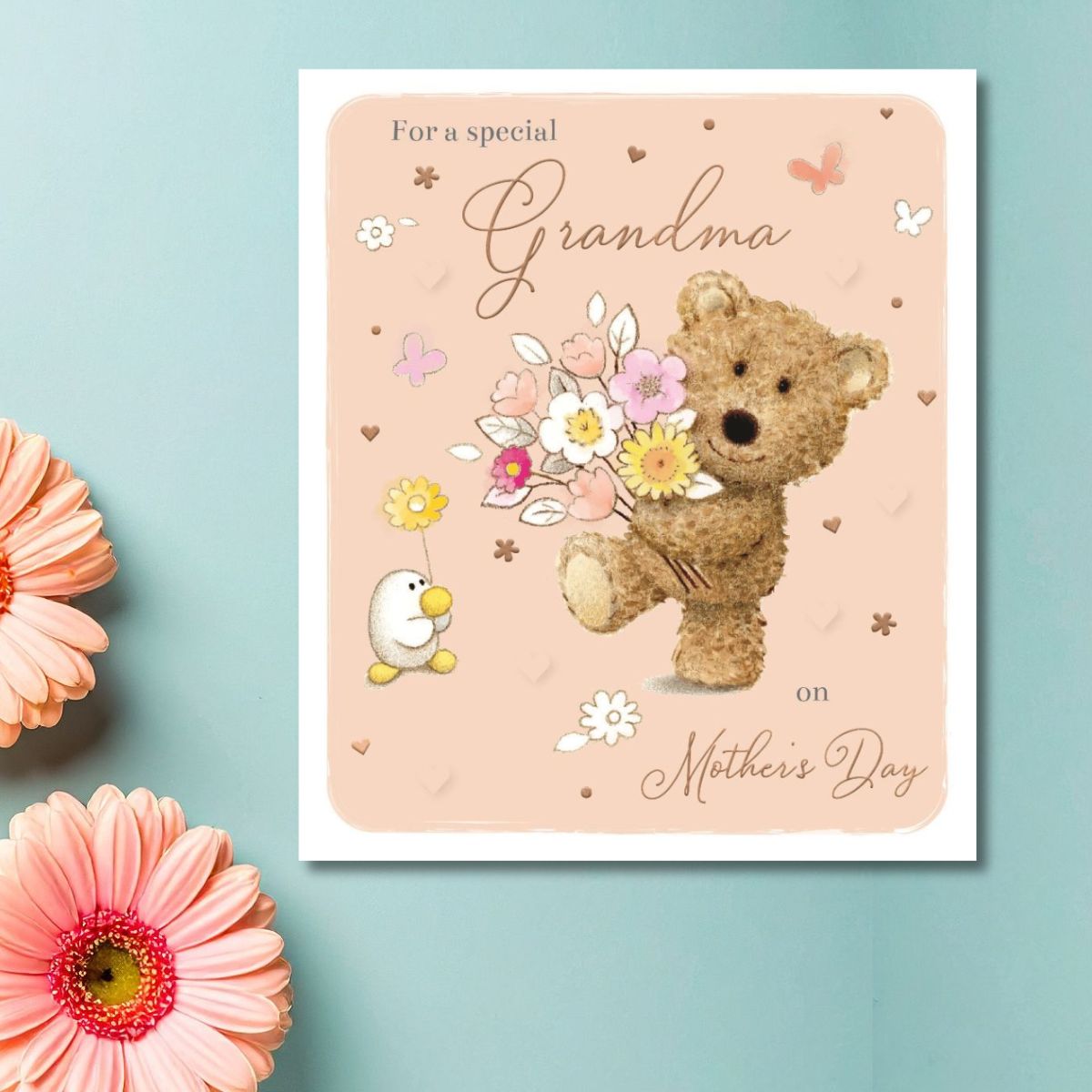 Grandma Mother's Day Card - Barley Bear & Pink Flower