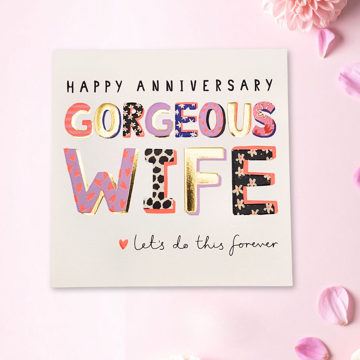 Wife Anniversary Card - Floral Neon Text