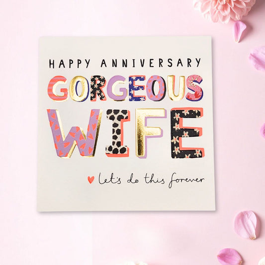 Wife Anniversary Card - Floral Neon Text