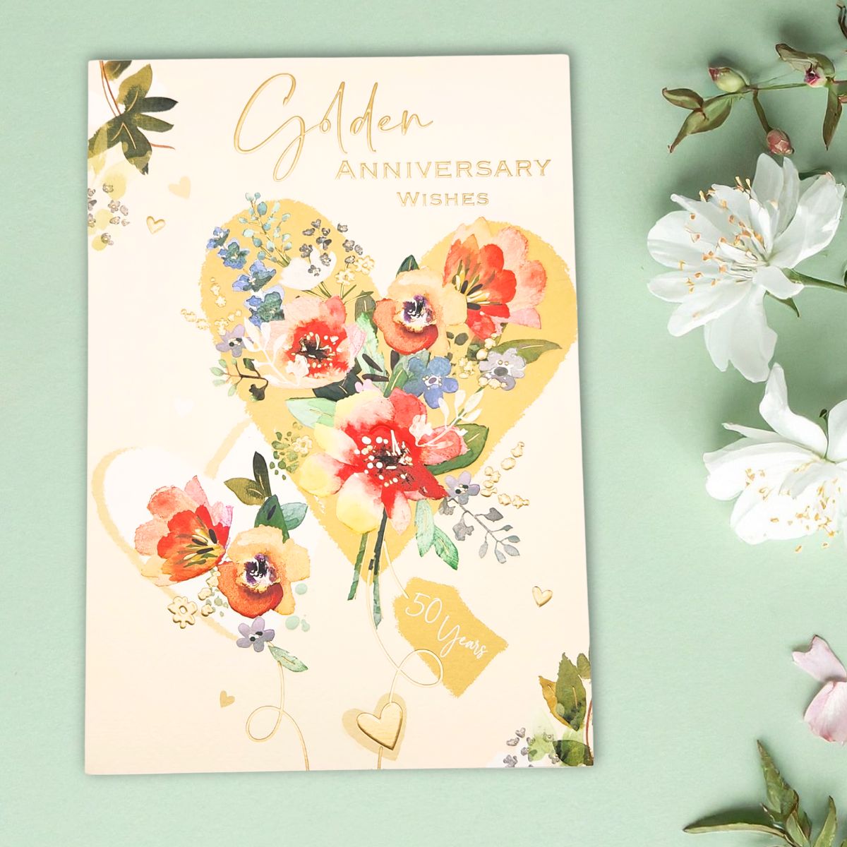 Golden Wedding Anniversary Card - 50th Gold Floral Hearts