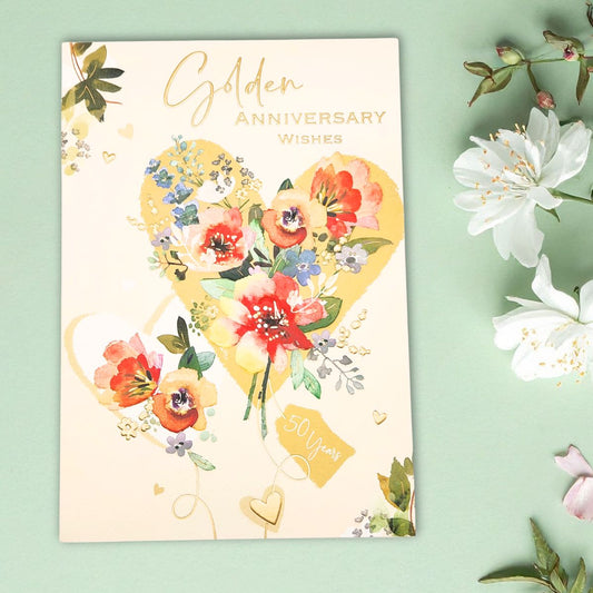 Golden Wedding Anniversary Card - 50th Gold Floral Hearts