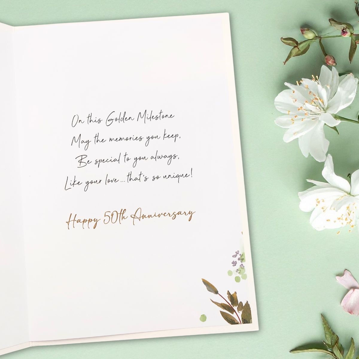 Golden Wedding Anniversary Card - 50th Gold Floral Hearts