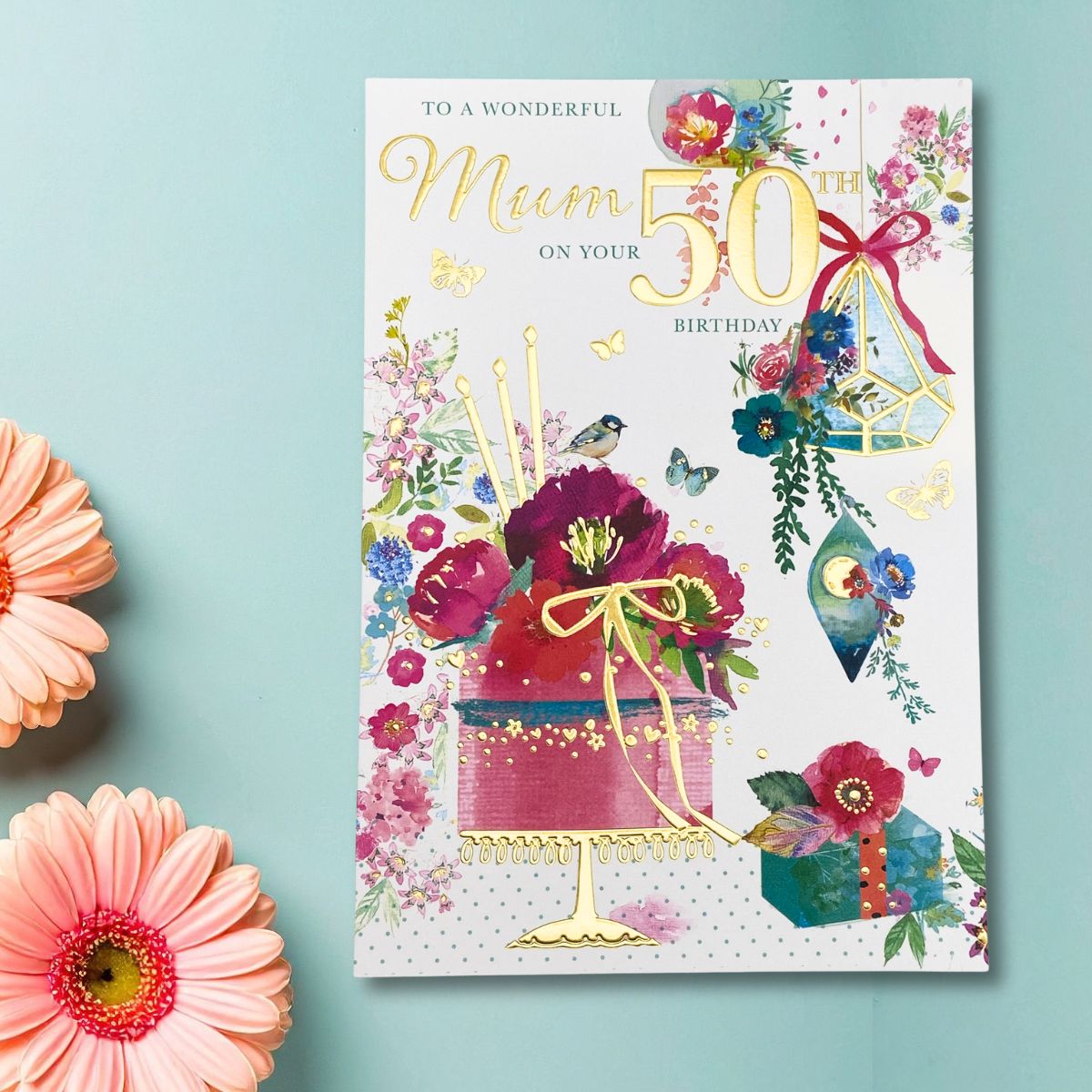 Mum 50th Birthday Card - Floral Cake