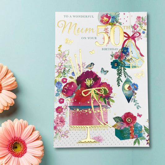 Mum 50th Birthday Card - Floral Cake