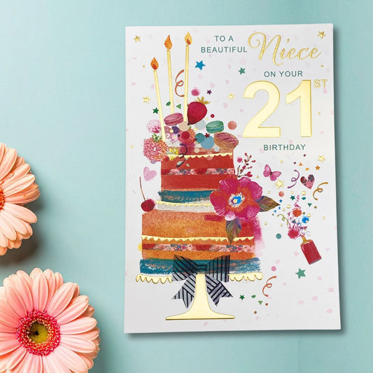 Niece 21st Birthday Card - Floral Cake