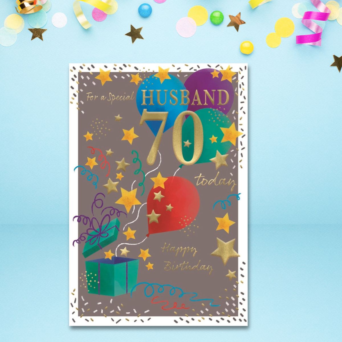 Husband 70th Birthday Card - Gift & Balloons