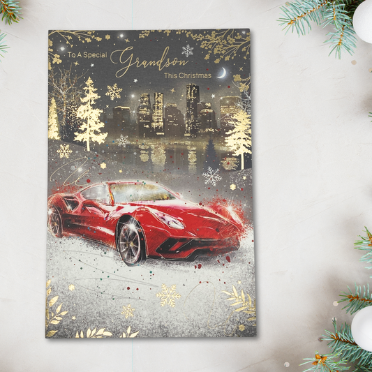 Grandson Christmas Card - Grayson Red Sports Car