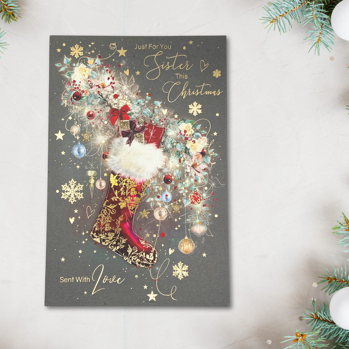 Sister Christmas Card - Grace Stocking & Baubles