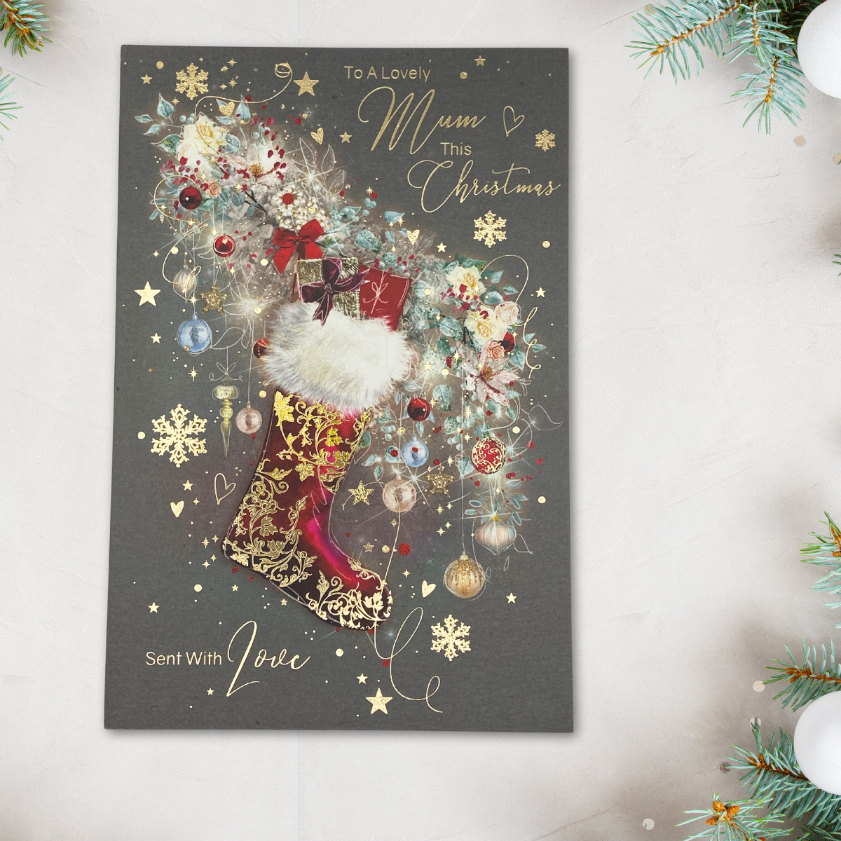 Mum Christmas Card - Grace Stocking & Baubles