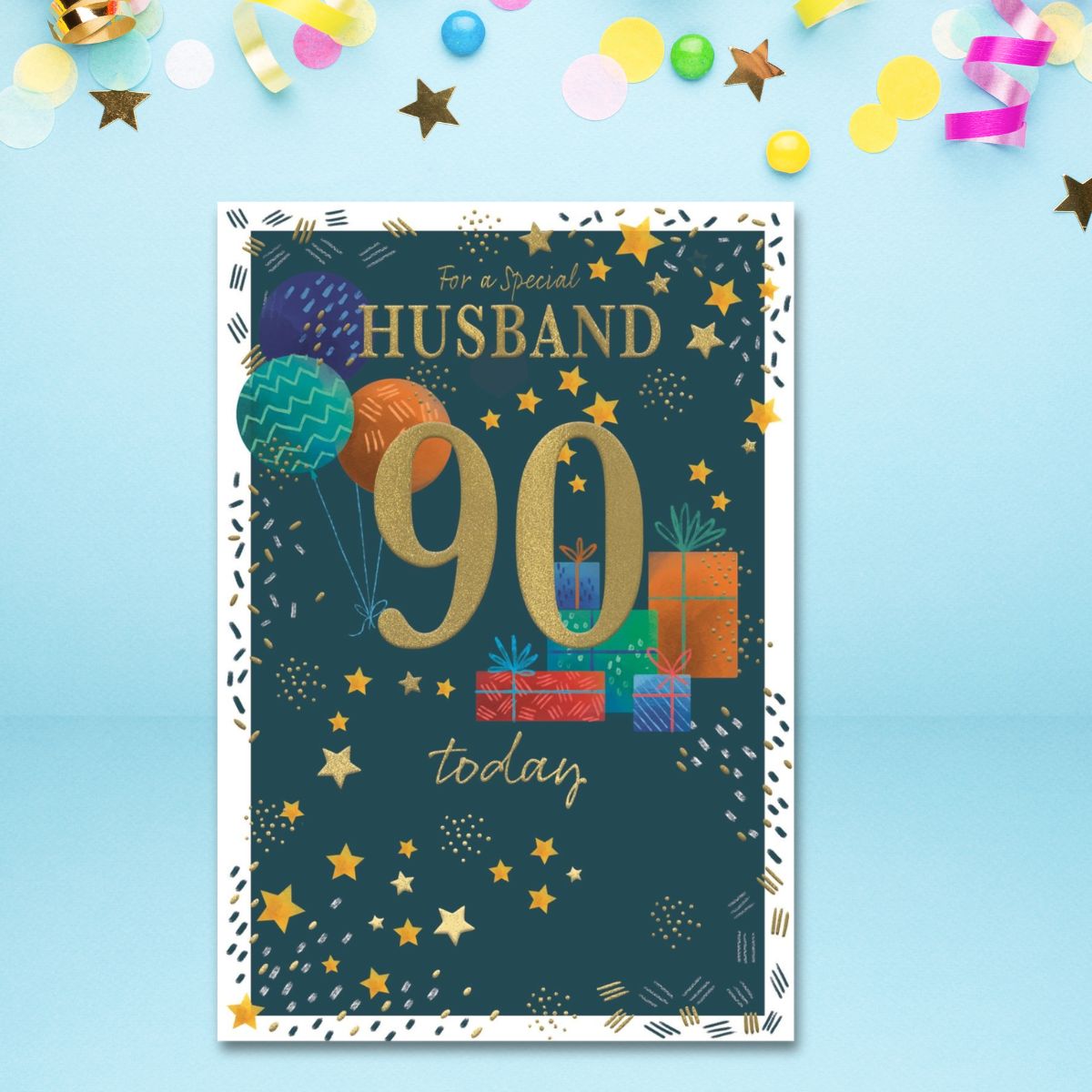 Husband 90th Birthday Card - Balloons & Gifts