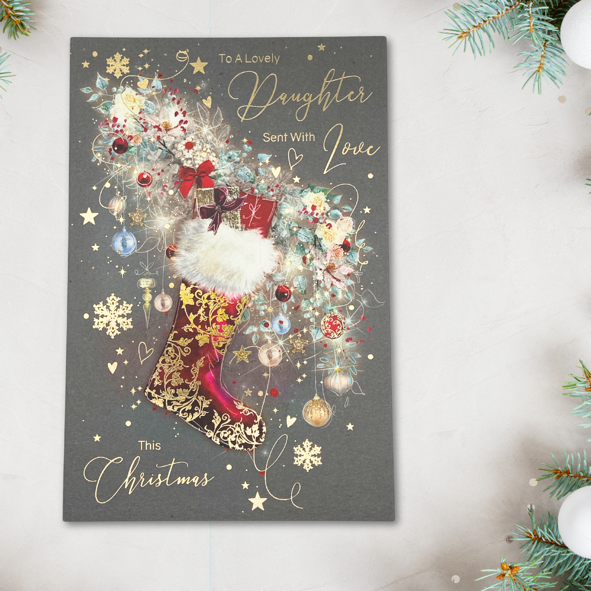 Daughter Christmas Card - Grace Stocking & Baubles