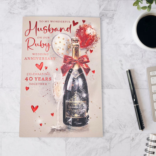 Husband Ruby Wedding Anniversary Card - 40th Champagne & Balloons