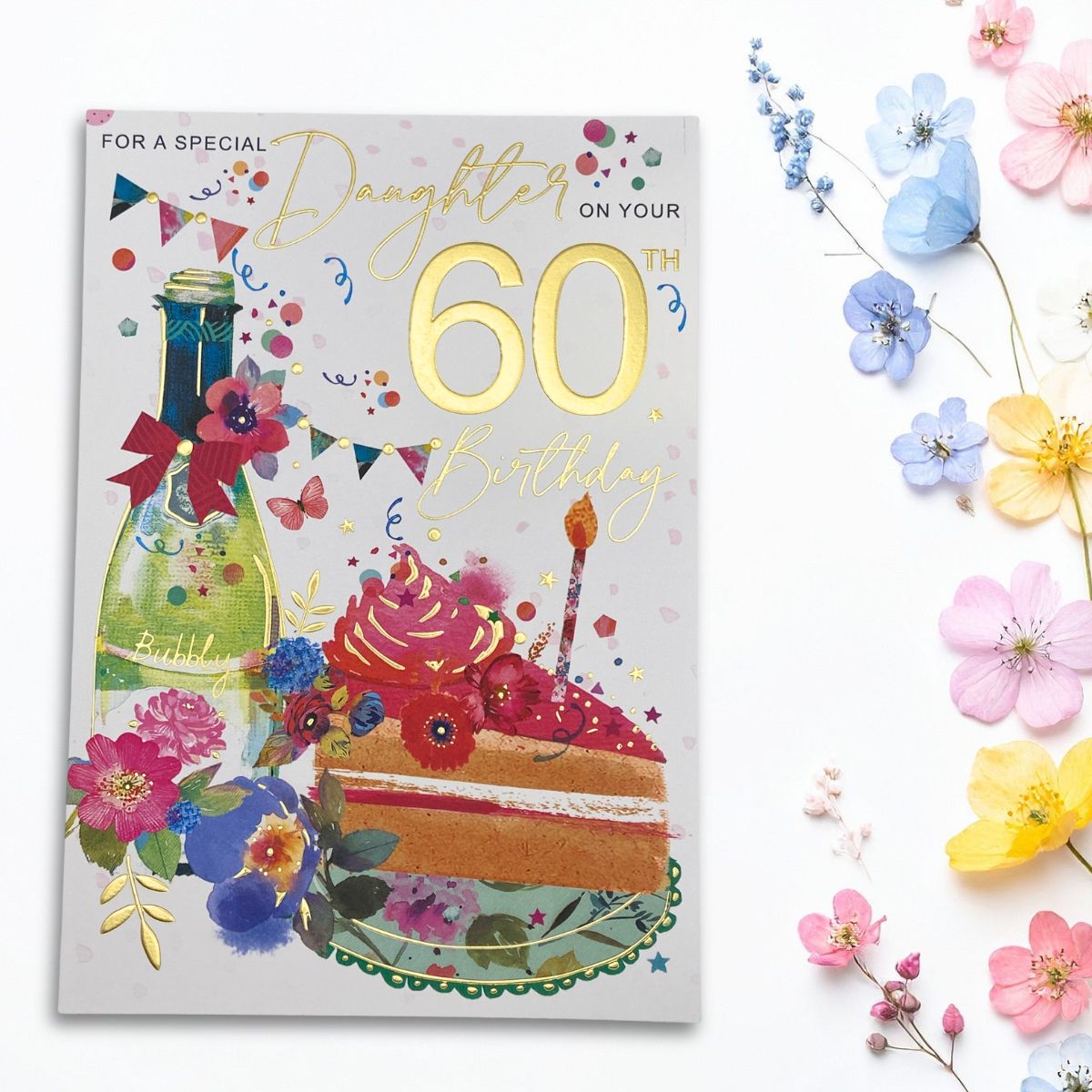 Daughter 60th Birthday Card - Cake & Bubbly